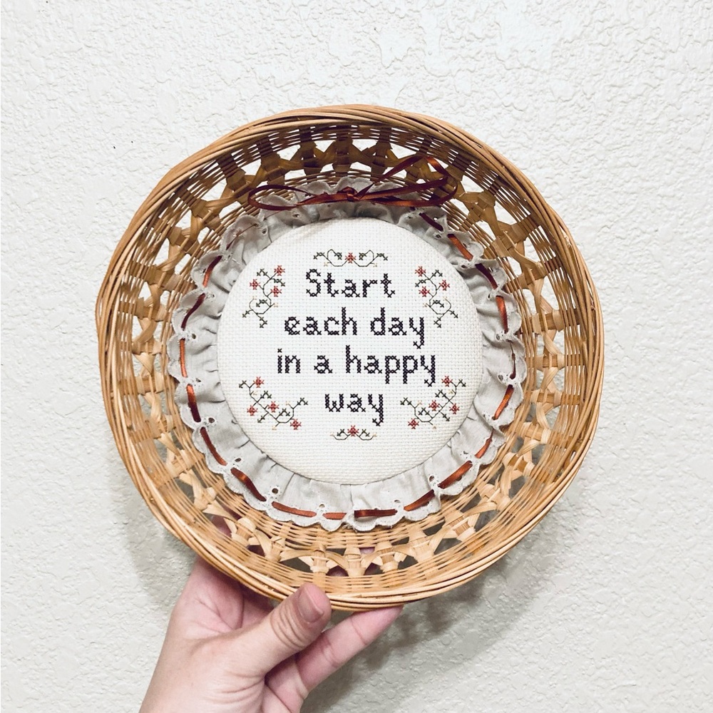 Vintage handmade Cross stitch Embroidered Needlepoint Basket Wall Hanging Decor